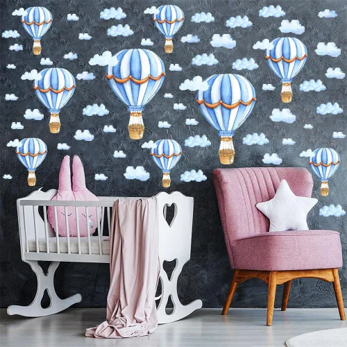 Vista 2 de Calcomanías de pared extraíbles para globos de aire caliente grandes, calcomanías de vinilo de nubes azules, autoadhesivos, murales artísticos