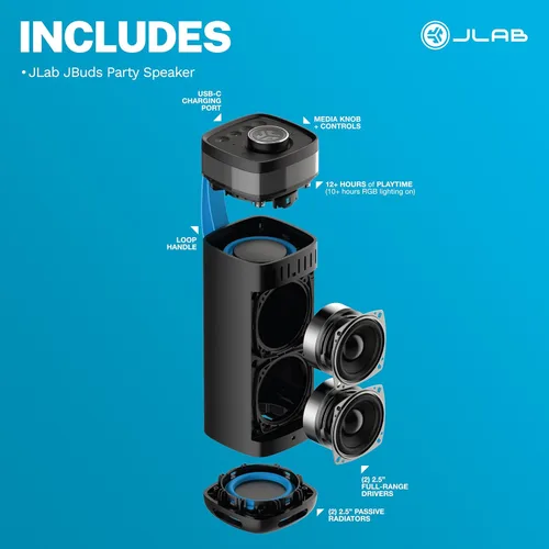 Vista 8 de JLab JBuds Party - Altavoz Bluetooth Portátil, 2 Controladores de Rango Completo + 2 Woofers Pasivos, IP56 Resistente al Agua, 12 Horas de Negro