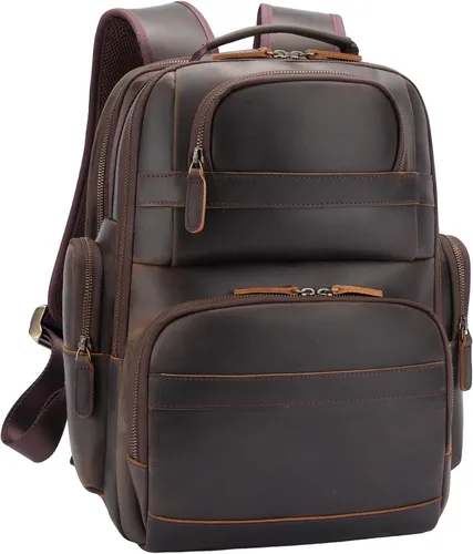 Vista 9 de TIDING Mochila de cuero vintage para hombre de 15.6 pulgadas, bolsa para laptop de gran capacidad, viajes de negocios, senderismo, mochilas de hombro