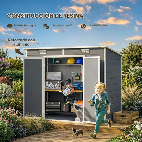 Vista 4 de Outsunny 8' x 4' Outdoor Storage Shed Waterproof Resin with Floor Gray
