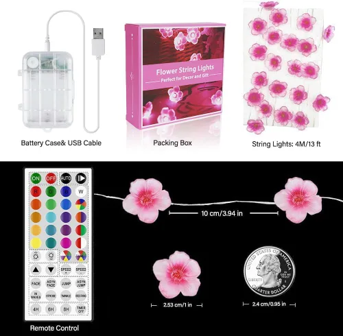 Vista 6 de OMIKA Luces de Flores Multicolor Guirnalda de Luces de Flor de Cerezo, Funciona con Pilas y USB, Luces de Hadas LED de 13 pies con 40 LED