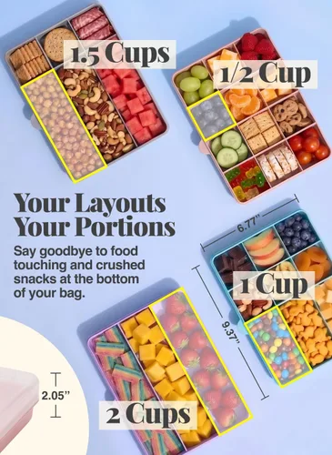 Vista 4 de melii Snackle Box Contenedor de aperitivos de 12 compartimentos con separadores extraíbles, almacenamiento de alimentos sin BPA para viajes