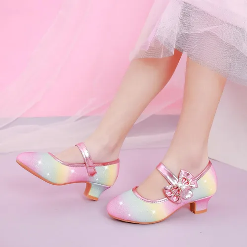 Vista 2 de Dufannie Zapatos de vestir para niñas, zapatos de tacón bajo de princesa, zapatos planos con purpurina para bodas y fiestas