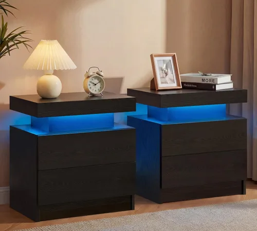 Vista 18 de Generic Juego de 2 Mesitas de noche con 2 cajones, mesa de noche con cajones para muebles de dormitorio, mesa auxiliar con luz LED, color negro