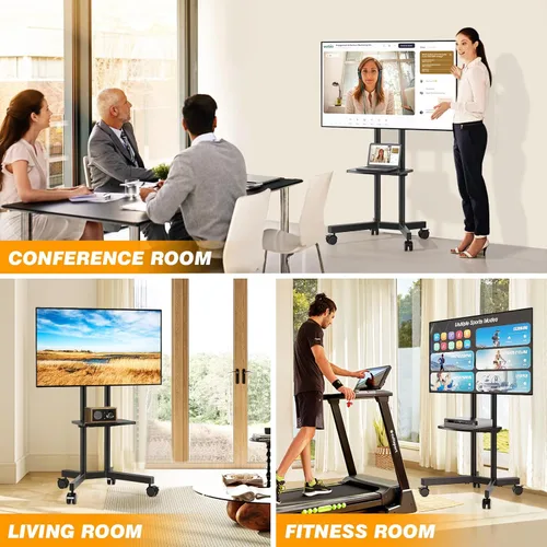 Vista 3 de Soporte de TV móvil con ruedas mejoradas para televisores de 32 a 75 pulgadas hasta 88 libras, soporte de TV rodante ajustable en altura con estante