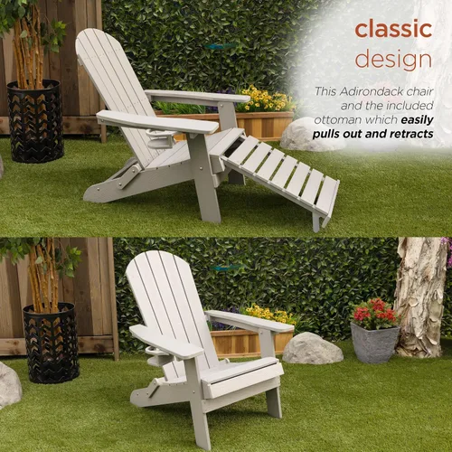 Vista 10 de Alpine Corporation Silla plegable Adirondack para exteriores de 38 pulgadas de alto con portavasos y otomana, diseño ergonómico clásico, muebles