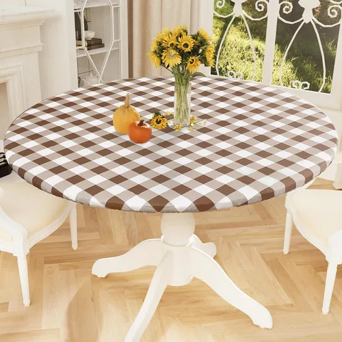 Vista 34 de Smiry - Mantel redondo de picnic de vinilo elástico impermeable con respaldo de franela, mantel de vinilo ajustable para mesas de 31-35 pulgadas
