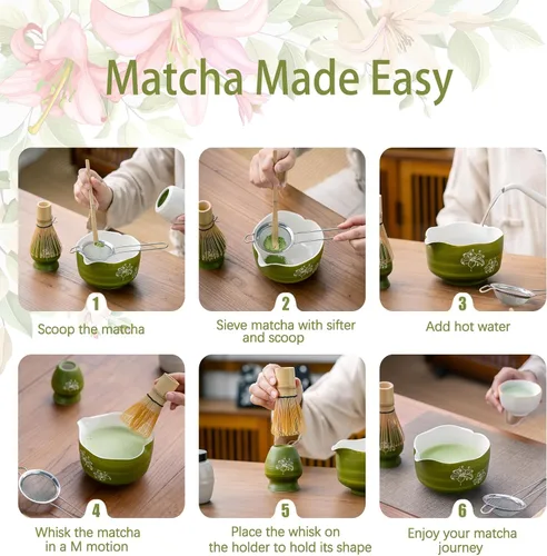 Vista 7 de Buucup Juego de matcha, 5 piezas de aguacate verde matcha con cuenco en forma de corazón con boquilla, batidor de bambú, cuchara, tamiz y soporte