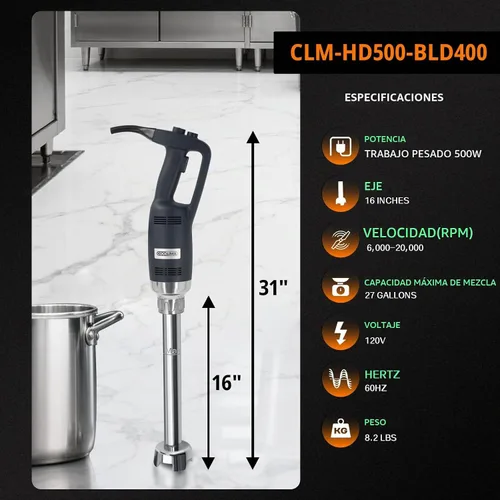Vista 2 de Licuadora de inmersión comercial, batidora de mano pesada Huty de 500 W con eje extraíble de 16 pulgadas, velocidad variable de 6,000-20,000 RPM