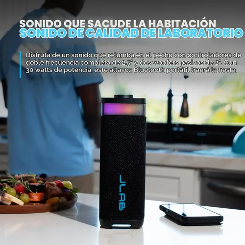 Vista 2 de JLab JBuds Party - Altavoz Bluetooth Portátil, 2 Controladores de Rango Completo + 2 Woofers Pasivos, IP56 Resistente al Agua, 12 Horas de Negro