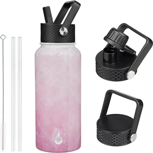 Vista 108 de BJPKPK Botellas de Agua Aisladas con Tapa de Pajita, Botella de Agua de Acero Inoxidable de 18oz, Termo Frío Caliente con 3 Tapas, Vaso de Viaje a