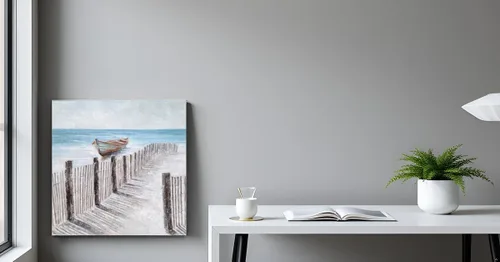 Vista 7 de Yihui Arts - Lienzo decorativo para pared de playa con diseño de bote azul y gris costero náutico cuadrado, pintura artística para decoración