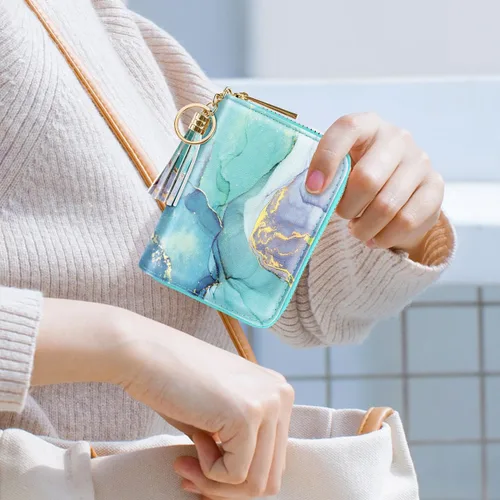 Vista 7 de Coco Rossi Billetera pequeña para tarjetas de crédito RFID con purpurina linda para mujer, C mármol verde