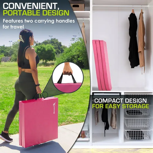 Vista 5 de Prosource Fit Tri-Fold - Alfombrilla de ejercicio gruesa plegable de 6 x 2 pies con asas de transporte para MMA, gimnasia, estiramiento Rosa