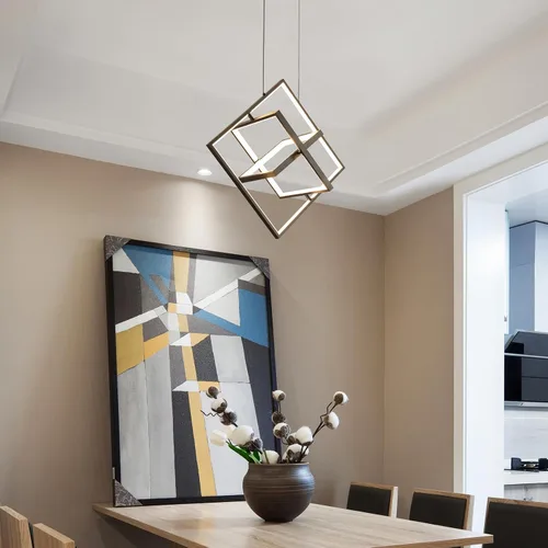 Vista 3 de Lámpara de araña LED moderna negra cuadrada, lámparas geométricas de araña LED, luz colgante regulable, lámpara de araña contemporánea creativa DIY