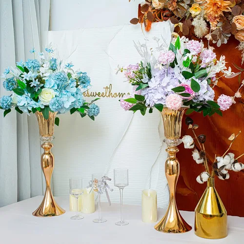 Vista 5 de Jarrones dorados de 22 pulgadas para centros de mesa, 2 jarrones de trompeta altos de metal, centros de mesa de recepción de boda, jarrón de flores