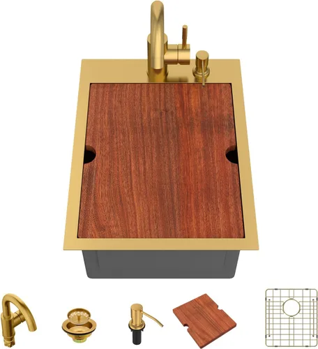 Vista 37 de Lordear - Fregadero de barra – Fregadero de barra dorado de 13 x 15 pulgadas con grifo dispensador de jabón, estación de trabajo, calibre 16 T304