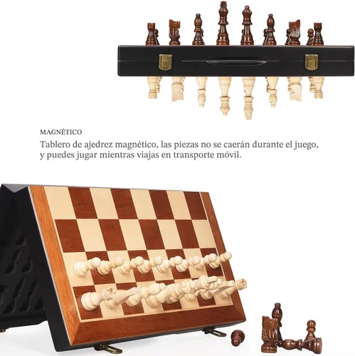 Vista 4 de BIVOMON Juego de ajedrez magnético de madera de 15 pulgadas, juego de mesa único de ajedrez con ranuras de almacenamiento de piezas de ajedrez