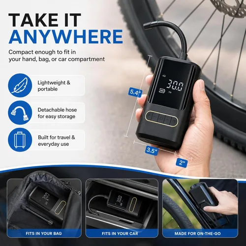Vista 2 de Compresor de aire portátil para bicicleta: mini bomba eléctrica para neumáticos con apagado automático, compatible con múltiples válvulas, inflador