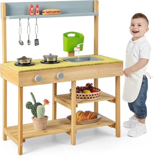 Vista 10 de HONEY JOY Juego de cocina de barro para niños, para interiores y exteriores, juguete de simulación de madera con fregadero extraíble, grifo