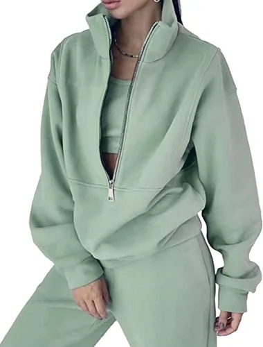 Vista 16 de PEHMEA Conjunto deportivo de 2 piezas de otoño para mujer, con forro polar, holgado, manga larga, media cremallera, cómodo conjunto de descanso