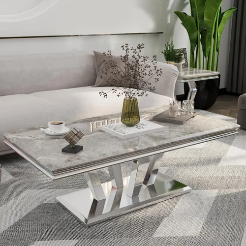 Vista 4 de ACEDÉCOR Mesa auxiliar, mesa de centro plateada con cuatro bases geométricas de espejo, mesa auxiliar rectangular con marco de metal resistente