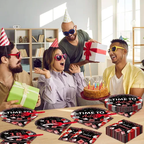 Vista 6 de gisgfim 96 piezas de suministros para fiesta de cumpleaños de 18 años, platos de papel, servilletas, hora de ser adulto, rojo y negro, juego