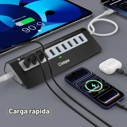 Vista 4 de Hub USB alimentado de 10 Gbps, concentrador USB 3.2 Gen 2 de 10 puertos con 7 puertos de datos USB 3.2, 3 puertos de carga rápida, adaptador