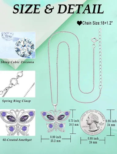 Vista 6 de Vesitim Collar de plata de ley 925 con diamantes de mariposa para mujer, piedra natal y circonita cúbica, collar con colgante de mariposa, joyería
