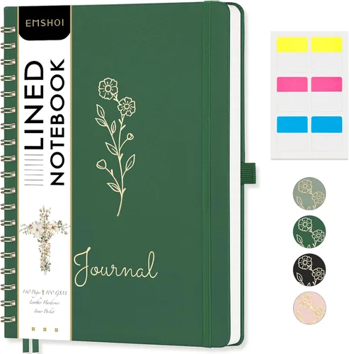 Vista 10 de EMSHOI Cuaderno de espiral con puntos, tapa dura de cuero, papel grueso de 3.53 oz/m², cuaderno de cuadrícula de puntos de 0.197 in para diario