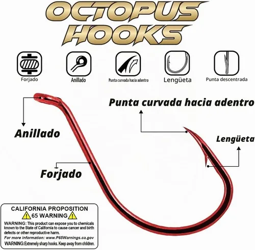 Vista 3 de Pulpo-Anzuelo-Pesca-Pico-Círculo-Ganchos-Agua-Dulce-Rojo-Negro-Paquete de 100-50