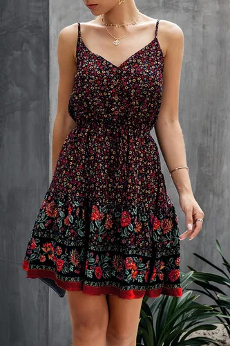 Vista 9 de PRETTYGARDEN - Vestido corto floral de verano, cuello en V, tirantes delgados, abotonado, vestido de verano, vestido mini de verano con volantes