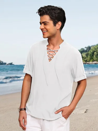 Vista 3 de HANXMEN Camisas Henley de lino para hombre, manga corta, casual, cuello en V, para verano, playa, hippie, con cordones, estilo bohemio