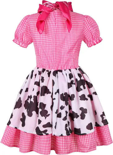 Vista 2 de Disfraz de vaquera para niñas, vestido de vaquera occidental de Halloween con sombrero de vaquero rosa