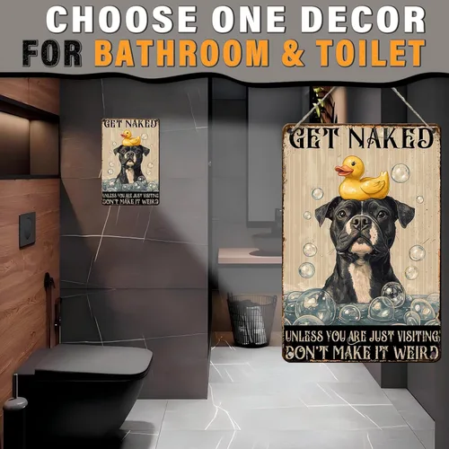 Vista 4 de PEACHGARDEN Cartel de Metal Gracioso para Baño Pitbull Letrero de "Póngase Desnudo" Arte de Perro para Pared Decoración de Baño Letrero para Inodoro