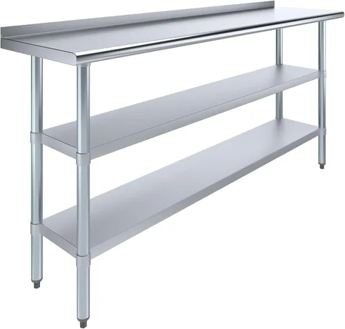Vista 12 de AmGood Mesa de trabajo de acero inoxidable con protector contra salpicaduras de 1.5 pulgadas y 2 estantes Mesa de cocina de metal para preparación