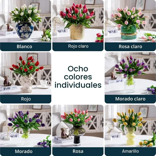 Vista 7 de Bailikang 20 piezas de tulipanes artificiales, flores de seda de tulipanes falsos, ramo artificial de PU, flores artificiales de imitación con caja