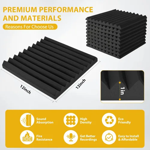 Vista 2 de Paquete de 12 paneles de espuma acústica, cuñas insonorizantes de alta densidad de 1 x 12 x 12 pulgadas para pared, recuperación rápida, resistentes