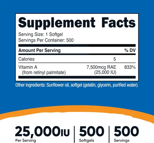 Vista 2 de Nutricost Vitamina A 25000 UI, 500 cápsulas blandas, sin OMG, sin gluten