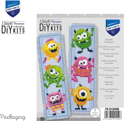Vista 3 de Vervaco Kit de marcapáginas de punto de cruz Little Monsters (juego de 2) 2.4 x 8 pulgadas