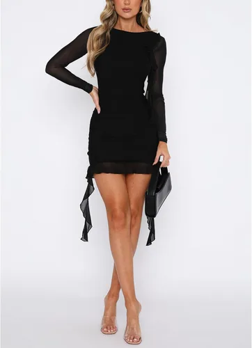 Vista 8 de HYPERFIRE Minivestido ajustado de malla con volantes y manga larga con cuello redondo y espalda abierta para mujer