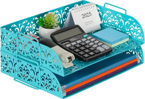 Vista 12 de EasyPAG, charola para escritorio de 2 niveles para cartas, diseño calado de flores, Negro
