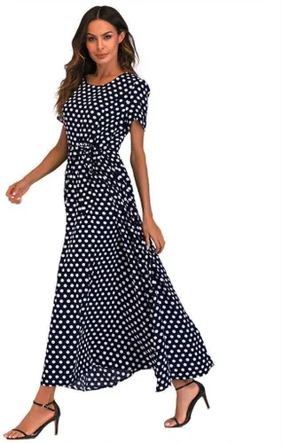 Vista 3 de Sunkessety - Vestido largo de verano con cuello redondo y manga corta con cinturón, elegante para fiesta