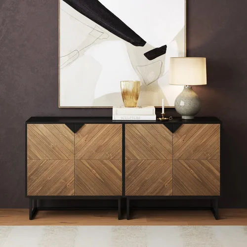 Vista 21 de Nathan James Enloe Aparador Buffet Moderno Gabinete de Almacenamiento de Acento Negro con Puertas en Acabado de Madera de Pino Rústico y Base