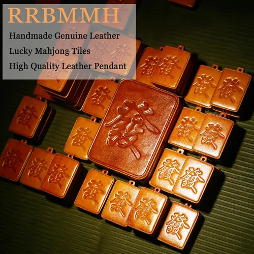 Vista 2 de Mahjong - Llavero de cuero hecho a mano con dijes de Mahjong Lucky Wealth Mahjong, colgante decorativo hecho a mano para bolsas y llaves