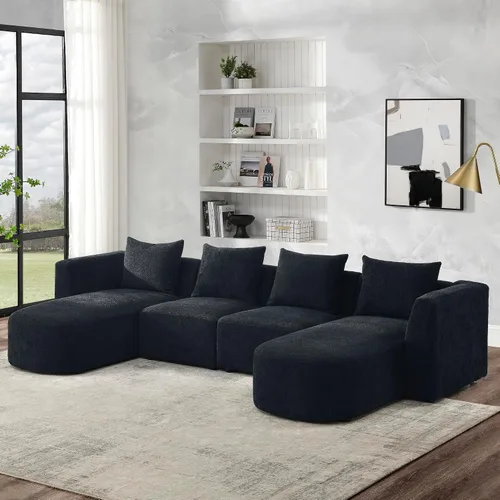 Vista 15 de Quarte Sofá seccional en forma de U, sofá modular con dos asientos individuales, dos sillas, combinación de bricolaje, tela de hilo en bucle Beige/5