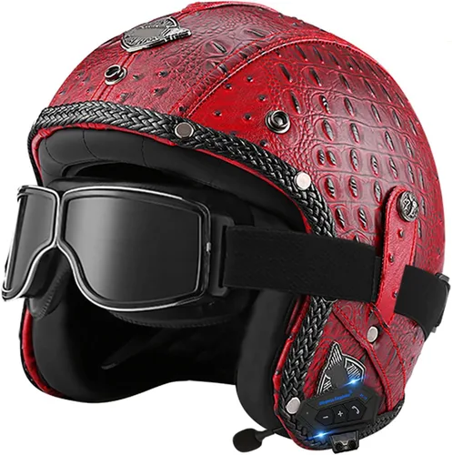Vista 8 de Casco retro de motocicleta con Bluetooth, casco de cuero Jet con gafas personalizadas, medio casco de motocicleta 3/4 aprobado por DOT, casco