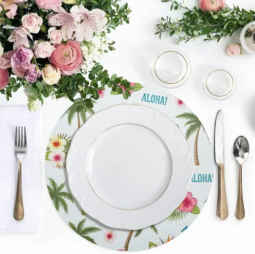 Vista 5 de Tropical Palm Hibiscus White Round Table Placemats, Heat Resistant Non Slip Washable Table Mats Set for Kitchen one sizex6