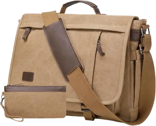 Vista 10 de Bolso de Mensajero de 17.3 Pulgadas para Hombre: 2 Piezas Bolso para Laptop de Cuero PU y Tela de Lona Maletín de Trabajo Grande para Oficina