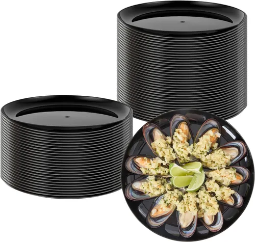 Vista 17 de Restaurantware Platos de fiesta de 7 x 7 pulgadas, 100 platos desechables de plástico para postre, platos redondos de plástico negro resistente